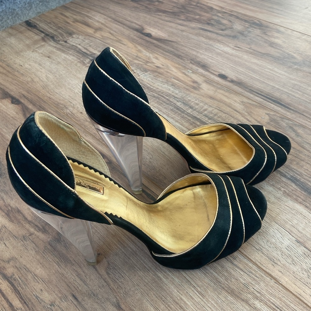 Report Signature black and gold open-toe heels with clear heel